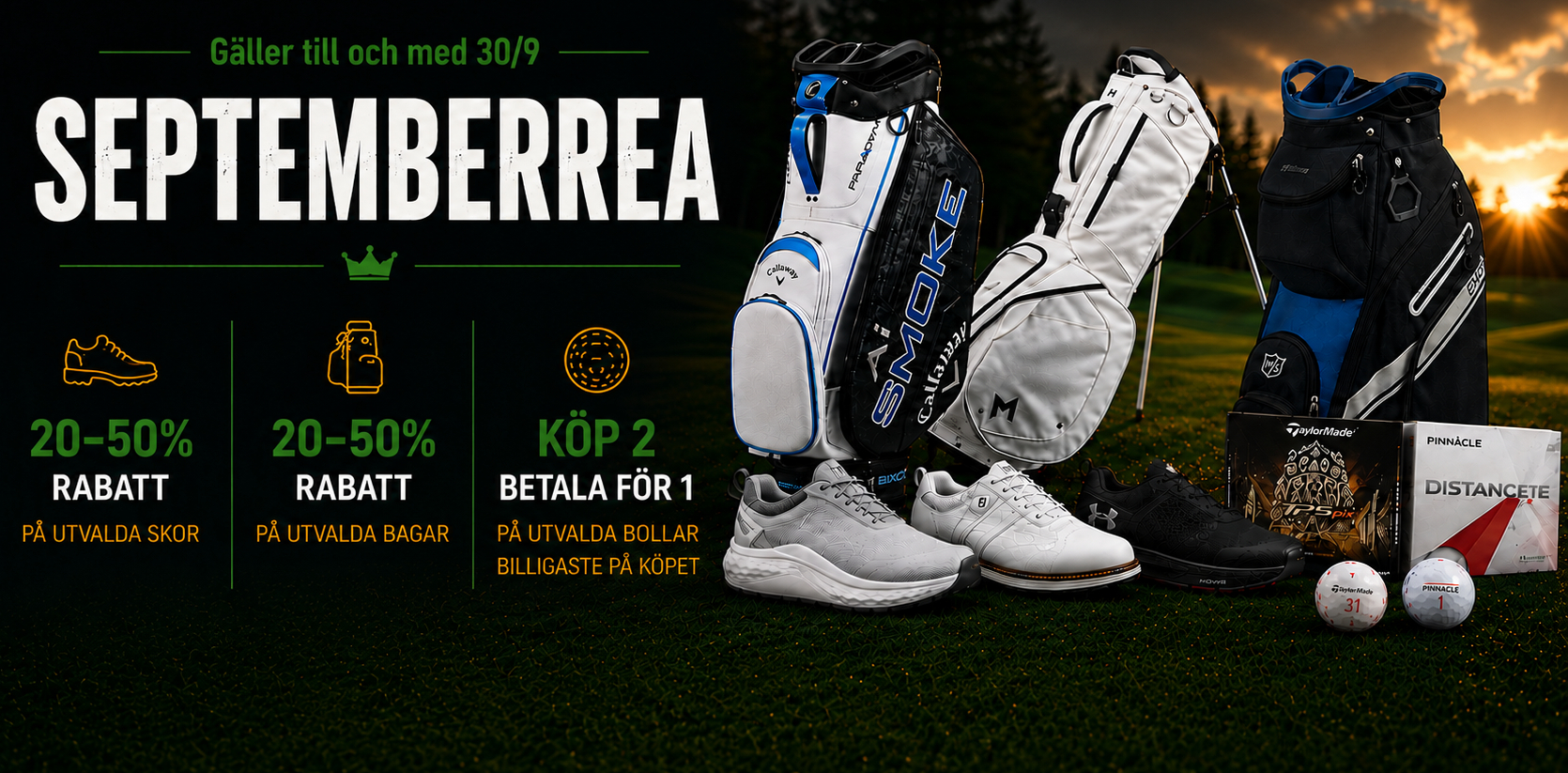 Septemberrea på golfskor, golfbagar och golfbollar